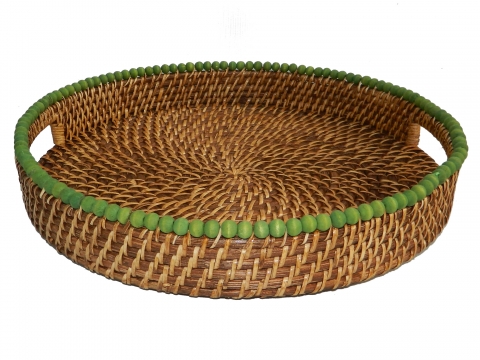 Round rattan tray with wooden beads